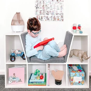 HOMCOM Bookcase with Seat, Cushioned, Storage Shelf, Sideboard, for Kids Reading, Bedroom, Living Room, White