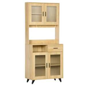 HOMCOM Mueble Auxiliar de Cocina Aparador Alacena con Puertas de Vidrio para Comedor Salón 80x40x184,5 cm Natural