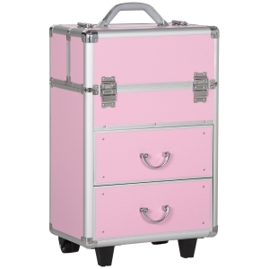 HOMCOM Valise trolley maquillage malette cosmétique vanity poignée télescopique réglable 36L x 23l x 58H cm alu ABS rose