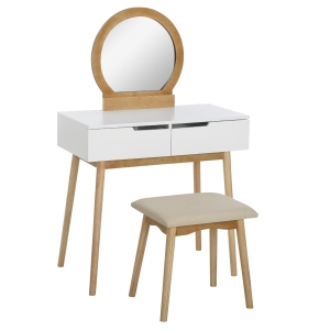 HOMCOM Coiffeuse design scandinave miroir, 2 tiroirs et tabouret blanc pin clair