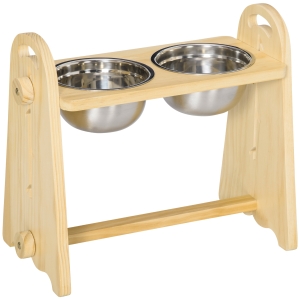PawHut Gamelle double porte-gamelles pour chien hauteur réglable avec bols amovibles en acier - structure en bois de pin