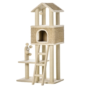 PawHut mit Katzenhöhle inkl. Spielzeug Sisal Plüsch Khaki + Beige + Kaffee