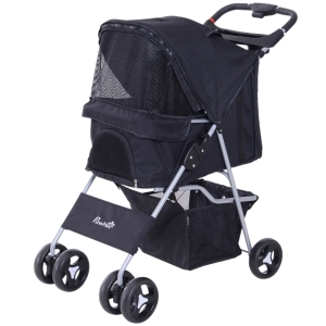 PawHut Cochecito para Mascotas Plegable Carrito para Perros con Toldo Ajustable Cesta de Almacenaje y Ruedas con Freno Tela Oxford Marco de Acero 75x46x94 cm Negro