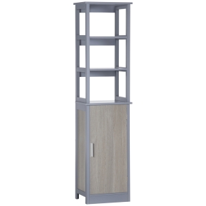 kleankin Armario Alto de Baño con 1 Puerta y 3 Estantes Abiertos Mueble Auxiliar Columna de Baño 40x30x160 cm Gris