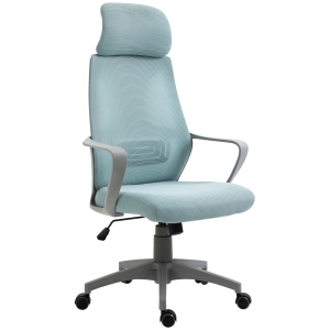 Vinsetto Silla de Oficina Ergonómica Silla de Escritorio Ajustable en Altura con Respaldo Reposabrazos Reposacabezas 5 Ruedas Soporta hasta 120 kg 64x55x116-126 cm Azul