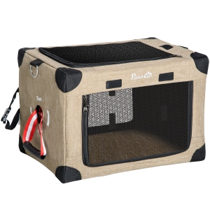 PawHut Mochila Transportadora para Cães e Gatos Pequenos Dobrável com Almofada Removível e Correia 48,5x33,5x33cm Cáqui Preto