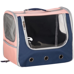 PawHut Trasportino per Cani Taglia XS, Zaino per Cani con Design a 3 Entrate, Finestre a Rete e Fori di Ventilazione, 42x30x36cm, Rosa e Blu