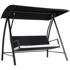 Outsunny Hollywoodschaukel mit Sonnendach für 3 Personen,Schaukelbank, Schwarz, Rattan 198 x 124 x 179 cm