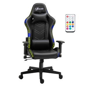 Vinsetto Silla Gaming Ergonómica Silla para Gamers Giratoria Reclinable Ajustable en Altura Basculante con Luz LED Reposacabezas y Cojín Lumbar Cuero Sintético 68x68x126-136 cm Negro