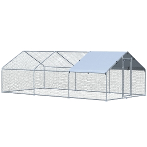 PawHut Gallinero de Exterior Grande 3,03x6x1,95 m Jaula de Metal Galvanizado para Gallinas Conejos Aves Corral con Cerradura y Cubierta de Tela Oxford Plata