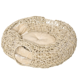 PawHut Cueva para Gatos de Ratán 78x69x22 cm Cesta para Gatos Rolliza con Cojín Suave 3 Orificios de Acceso y Canal de Anillo Natural