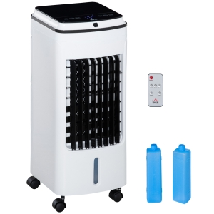 HOMCOM Enfriador de Aire con Ruedas Humidificador con Depósito 4L Control Remoto 3 Modos 3 Velocidades Temporizador 7,5h y Pantalla LED Táctil 24,5x28x59 cm Blanco