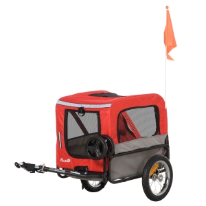 PawHut Remolque de Bicicleta para Perros 2 en 1 Carrito para Perros de Acero con Cinturón de Seguridad Mango de Empuje Extraíble Bandera y Reflectores Carga Máx. 10 kg 129x55,5x92 cm Rojo