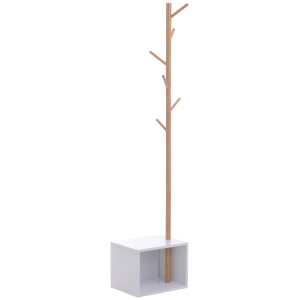 HOMCOM Garderobenständer Kleiderhaken Garderobe mit Sitzbank Stauraum Baum-Design Zweige 6 Haken Bambus Weiß Natur 40 x 30 x 180 cm
