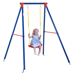 Outsunny Columpio de Metal para Niños +3 Años con Soporte Juego de Columpio Infantil con Asiento Cuerda Ajustable 4 Anclajes Exteriores Carga Máx. 40 kg 155x160x180cm Multicolor