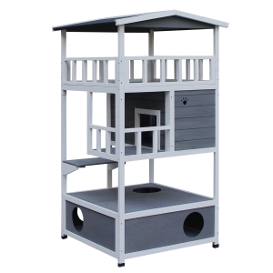 PawHut® Domek dla Kota 4-poziomowy z Toaletą Balkon Dach Asfaltowy Drewno Szary