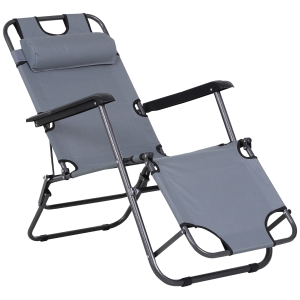 Outsunny Sonnenliege mit Kissen, Klappbare Strandliege, 2-Stufige Gartenliege , 2-in-1 Relaxliege, Metall + Oxfordstoff, Grau 118 x 60 x 80 cm