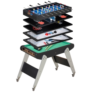 HOMCOM Mesa Multijuegos 6en1 para Niños de 7+ Años con Ruedas Billar Futbolín Ping-Pong Anillas Hockey 120x88x79cm Negro