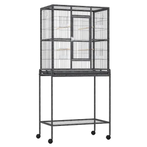 PawHut Bird Cage Metal Canary Cages for Parakeet with Detachable Rolling Stand, Storage Shelf, Wood Perch, Food Container