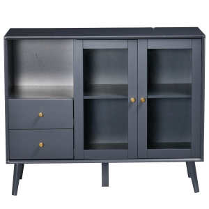 HOMCOM Armadietto Due Ante in Vetro con 2 Cassetti, Spazio Aperto e Piano d'Appoggio, 95.5x40x78 cm, Grigio