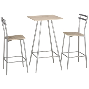 HOMCOM Set da Bar 3 Pezzi con Tavolino Alto e Sgabelli da Bar in Legno e Acciaio, Set per Cucina e Salotto, Color Quercia