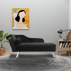 Homcom Canapea șezlong cu Pernă Rotundă din Flanel,Negru, 160x56x75cm