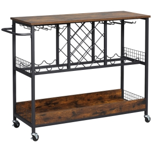 HOMCOM Carrito de Cocina con Ruedas Carro de Servicio con Botellero y Soporte para Copas 110x40x86 cm Marrón Rústico