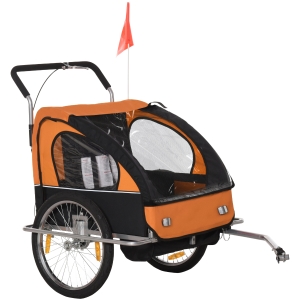 HOMCOM Kinderanhänger Fahrradanhänger Kinder Radanhänger für 2 Kinder mit Fahne Regenschutz atmungsaktiv Schwarz+Orange Stahl 142 x 85 x 105 cm