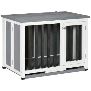 PawHut Hundekäfig Tannenholz Hundehütte mit Tischoberfläche Tierkäfig für mittelgroße und kleine Hunde Hundebox Haustierkäfig Schrank innen Grau 84,5 x 51,4 x 61 cm