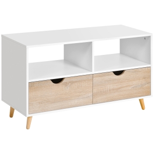 HOMCOM TV Schrank TV-Kommode Schrankelement mit Schubladen und Offene Regale Holz Weiß+Natur 99 x 39 x 58 cm