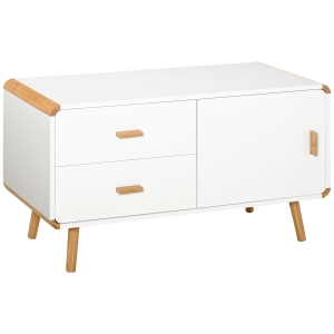HOMCOM® TV Schrank TV-Kommode mit 2 Schubladen und Schrank Bambus MDF Weiß+Natur