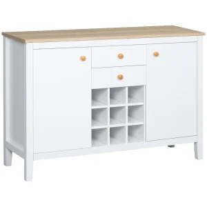 HOMCOM Buffet Cabinet, Rustic Sideboard with 9-bottle Wine Rack, Storage Cabinets, Drawers and Adjustable Shelves, Natural Handle
