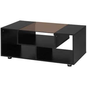 HOMCOM Modern Coffee Table with Tempered Glass Top, Cocktail Table with 3-Tier Storage Shelves for Living Room, Black