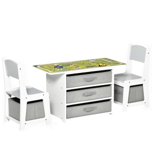 HOMCOM Ensemble table et chaises enfant - set de 3 pièces - table de jeux + 5 tiroirs non tissés - table étagère pour jouets 2 en 1 - plateau double face blanc ou circuit - 2 voitures incluses