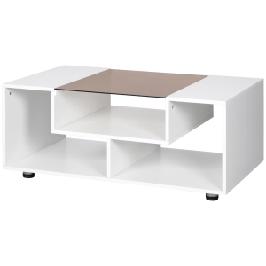 HOMCOM Modern Coffee Table with Tempered Glass Top, Cocktail Table with 3-Tier Storage Shelves for Living Room, White