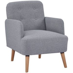 HOMCOM Upholstered Armchair, Nature Wood Frame Living Room Chairs with Birch Wood Legs & Thick Padding Seat and Button Mid-Back, Light Grey