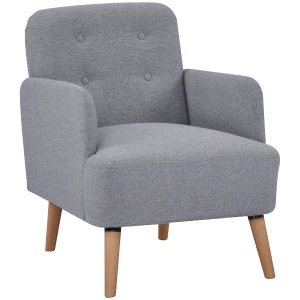 HOMCOM Upholstered Armchair, Nature Wood Frame Living Room Chairs with Birch Wood Legs & Thick Padding Seat and Button Mid-Back, Light Grey