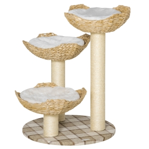 PawHut Árvore Arranhador para Gatos Altura 75cm Arranhador para Gatos com 3 Camas de Totora Almofadas e Postes Ø56x75 cm Madeira