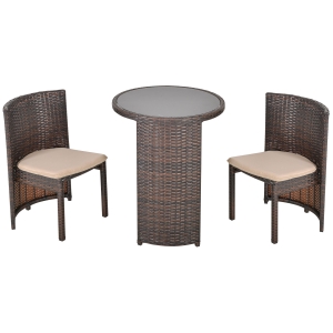 Outsunny Conjunto de Muebles Ratán de Jardín 3 Piezas con 1 Mesa de Café y 2 Sillas con Cojines para Terraza Exterior Fácil Almacenaje Acero Marrón