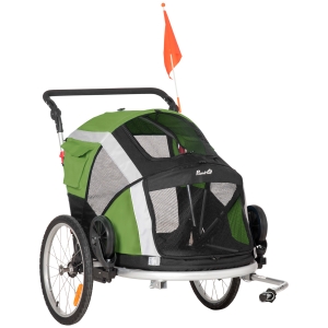 PawHut 2-in-1 Hundeanhänger klappbar Haustier Fahrradanhänger Hundetransporter Hunde Fahrrad Anhänger Oxfordstoff atmungsaktiv Metall Oxford Gewebe Grün+Silber 150 x 82 x 108 cm