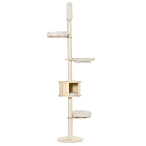 PawHut Kratzbaum Katzenbaum Deckenhoch Kletterbaum mit holz Katzenhöhle Sisal Plüsch höhenverstellbar Creme 50 x 50 x 232-252 cm