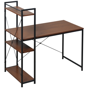 HOMCOM Computer Desk PC Table Study Workstation Home Office with 4-tier Bookshelf Storage Metal Frame Wooden Top (Walnut & Black)