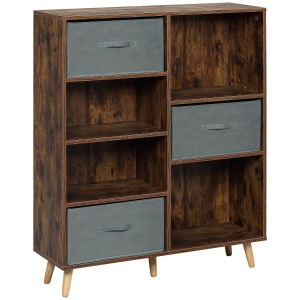 HOMCOM Freestanding 7 Cube Storage Cabinet, Shelving Unit, Cupboard with 3 Fabric Drawers, for Home Office, Living Room, Closet, Bedroom, Rustic Brown