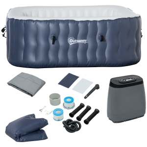Outsunny Spa Hinchable Cuadrado para 4-6 Personas 930L Jacuzzi Hinchable 180x180x68 cm con 108 Chorros de Masaje Calefacción Control Remoto Filtro Cubierta y Alfombra para Exteriores Azul