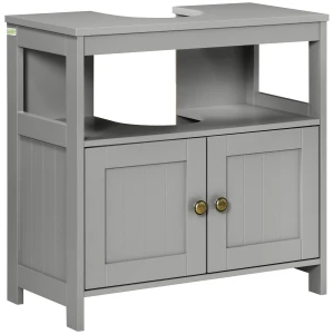 Kleankin Pedestal Under Sink Cabinet, Modern Double Door Bathroom Vanity Storage Unit with Shelves, Light Grey