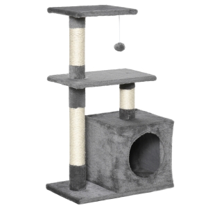 PawHut Árbol Rascador para Gatos Rascador de Gatos Barato Centro de Múltiples Actividades de Mascotas con Postes Sisal Plataformas Caja Bola Colgante Estilo Elegante 50x30x80 cm Gris