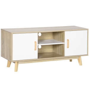 HOMCOM Dulap TV Modern , Suport TV cu rafturi de depozitare si usi pentru televizoare de 55" pentru living, dormitor, natural