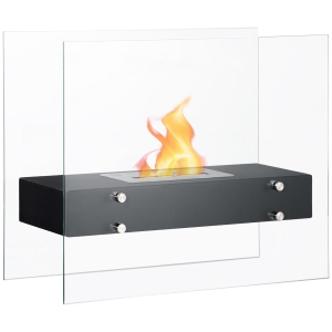 HOMCOM Semineu cu bioetanol din metal si sticla securizata cu ardere de 3 ore cu rezervor de 1,5 l si capac de 25 m², 60x26x50cm, negru