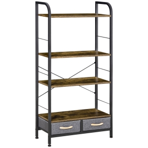 HOMCOM Mobile Libreria con 4 Scaffali e 2 Cassetti in Truciolato, Acciaio e Tessuto Effetto Lino, 64x27.5x121 cm