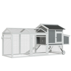 PawHut Hühnerstall Hühnerhaus mit Nistkasten Hühnervoliere mit Rädern und Griff Gehege Geflügelstall winterfest Tannenholz PVC Grau+Weiß 247 x 90 x 114 cm